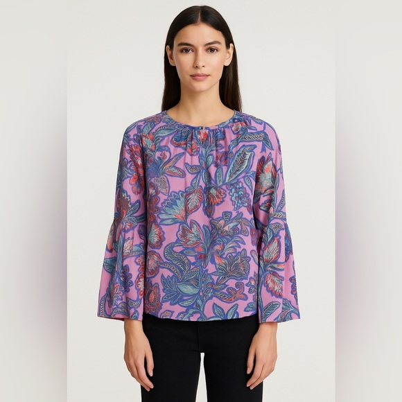 Banjanan 100% Silk Boho Floral Blouse Top XS | Lightweight Bell Sleeve Designer - Picture 1 of 10